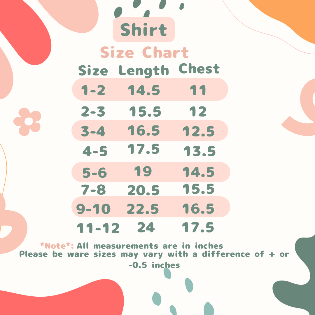 Shirt size chart with measurements on a colorful abstract background