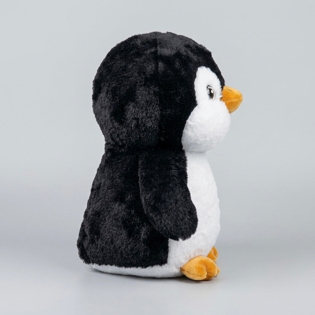 A plush penguin toy sitting upright, featuring black and white fur with a small orange beak and feet, photographed against a neutral light gray background.