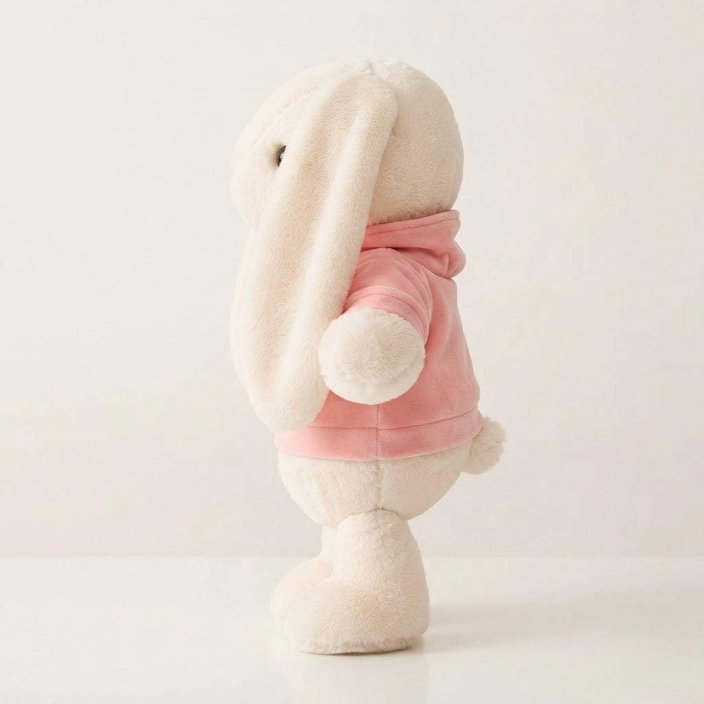 A plush bunny toy shown from the back, wearing a soft pink hoodie, set against a clean, light off-white background.