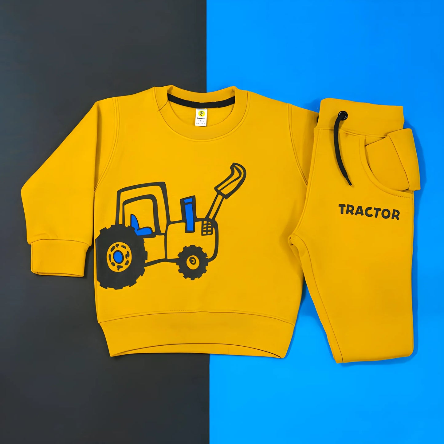“Tractor mustard tracksuit for boys – hoodie and joggers set”
