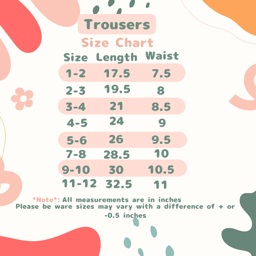 Trousers size chart with measurements on a colorful background