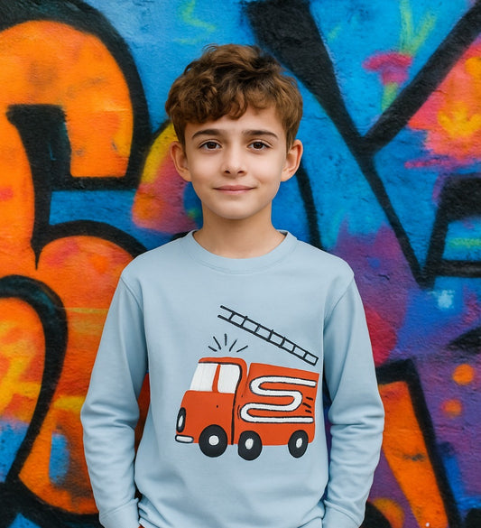 Fire Engine Sky Blue Full-Sleeves Tee – Cotton Graphic Shirt for Boys