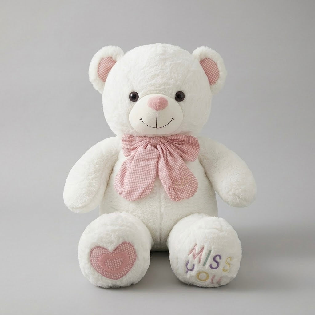 A white plush teddy bear with pink inner ears, a pink bow tie, a pink heart patch on one foot, and 'Miss You' embroidered on the other foot, set against a neutral gray background.