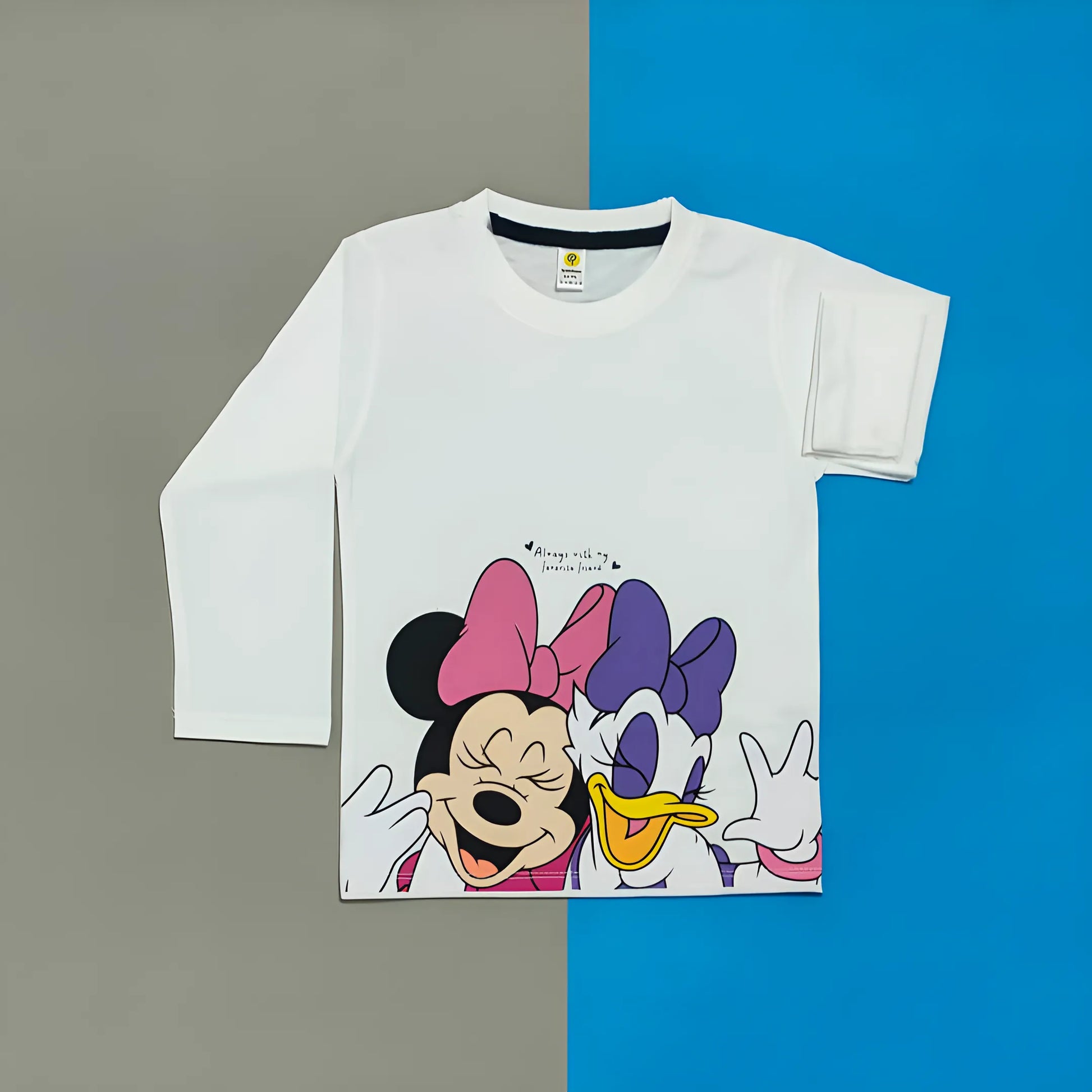 White t-shirt with cartoon character design on a gray and blue background