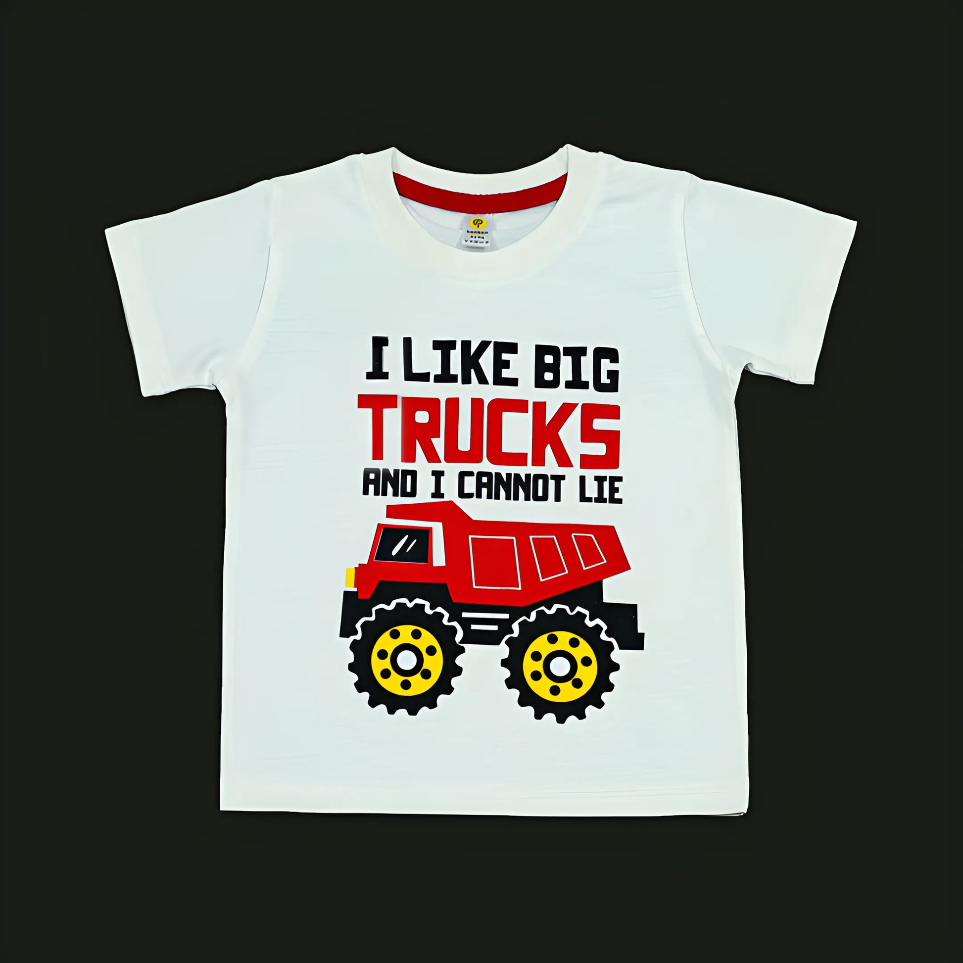 White t-shirt with red truck graphic and text on a black background