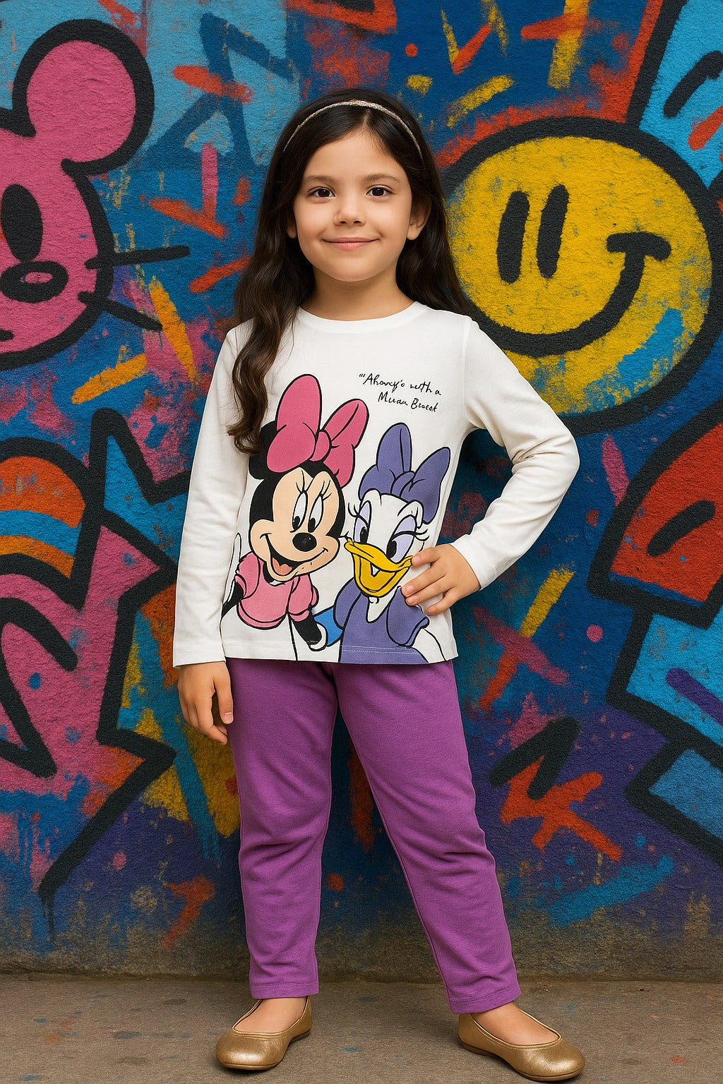 Young girl wearing a Minnie Mouse shirt in front of a colorful graffiti wall.