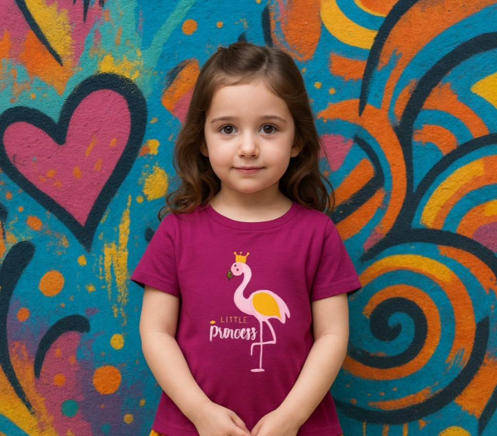 Young girl wearing a purple t-shirt with a flamingo design and text, standing against a colorful abstract background.