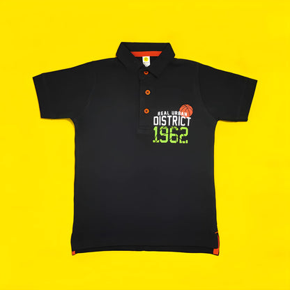 Black polo shirt with text and logo on a yellow background
