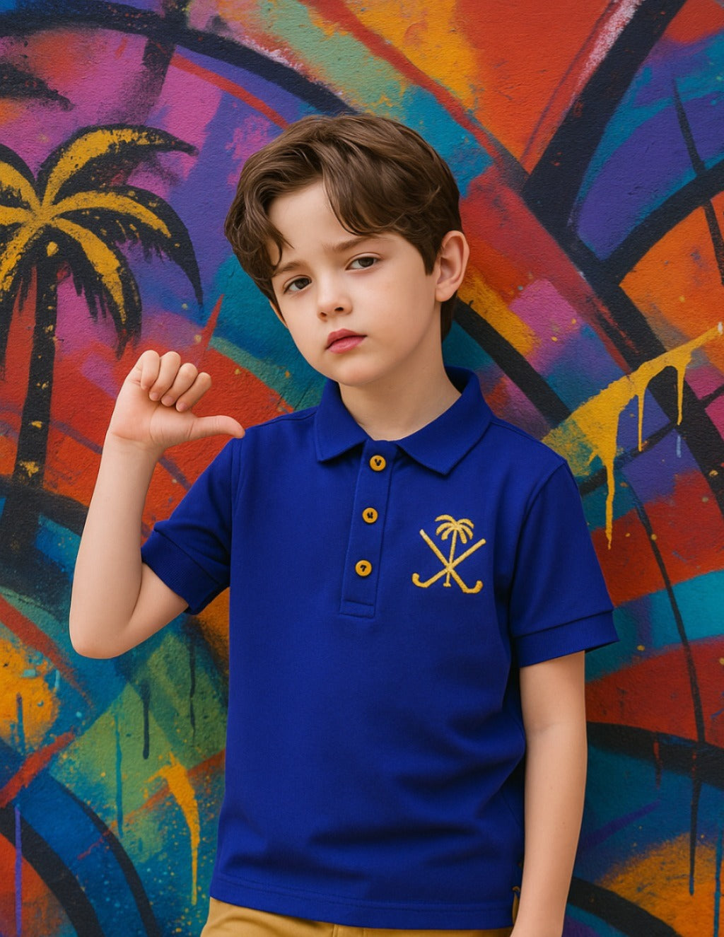 Child wearing a blue polo shirt with a palm tree design in front of a colorful abstract wall.