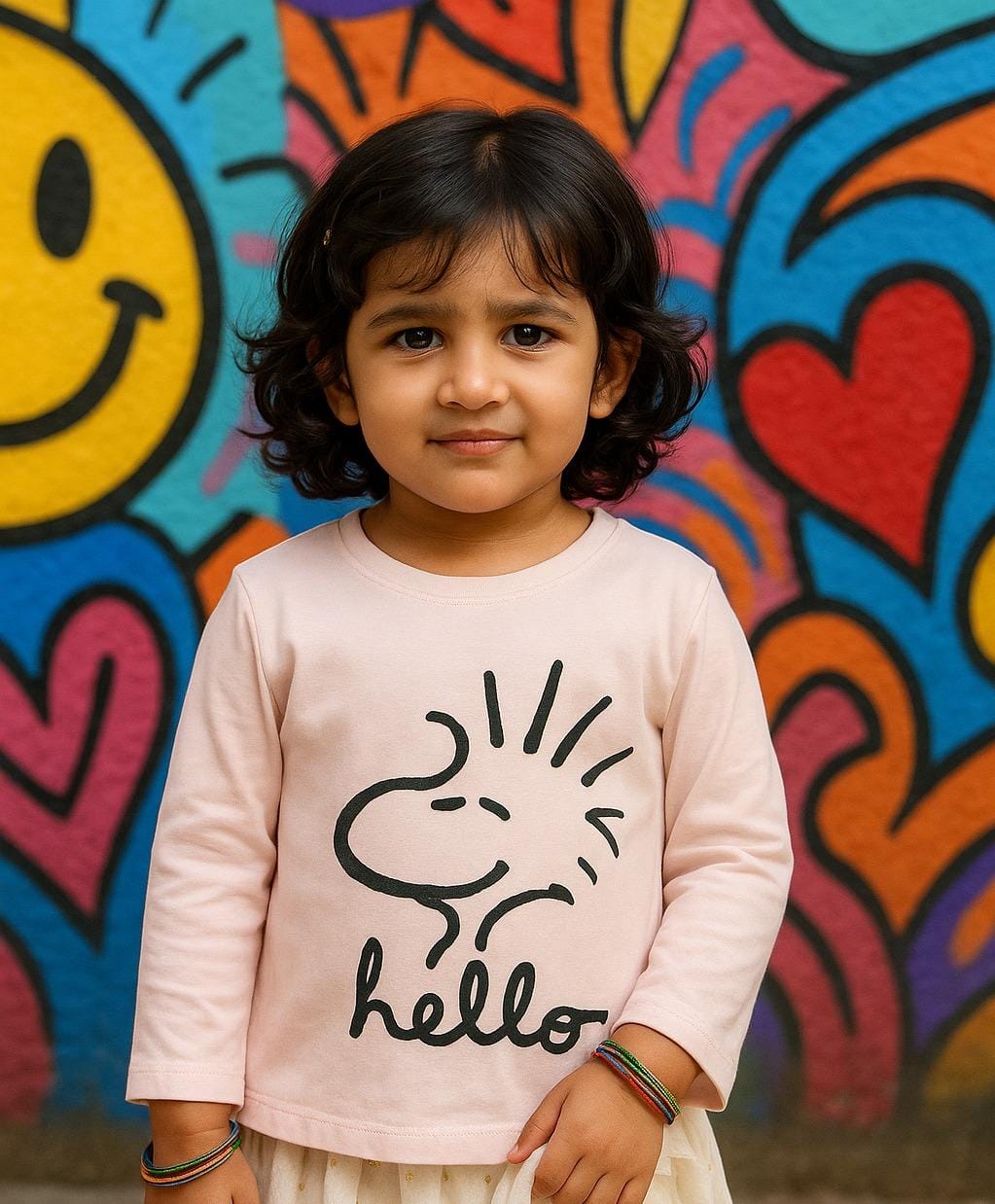 Child wearing a pink shirt with a 'hello' design in front of a colorful mural.