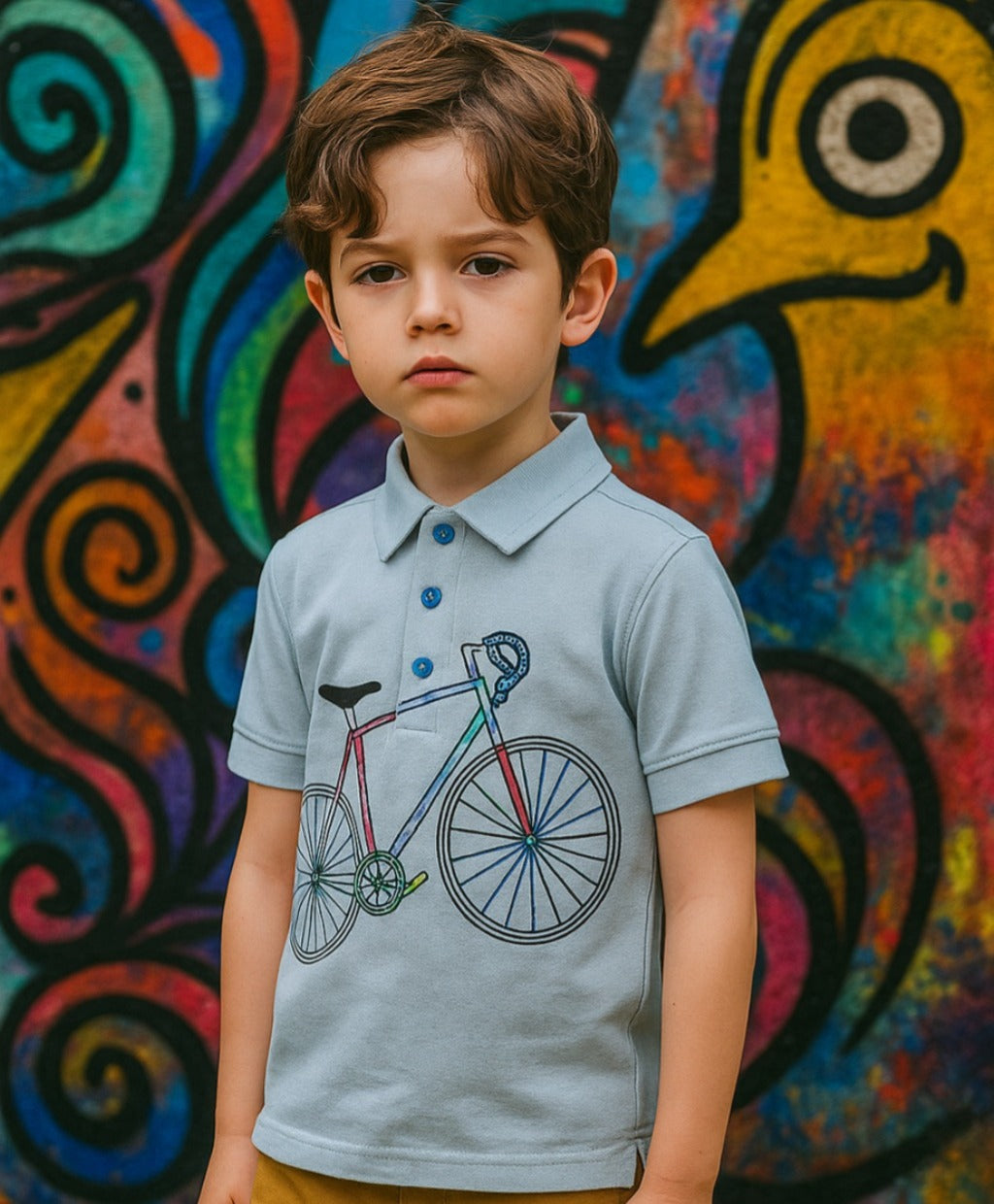 Child wearing a polo shirt with a bicycle design against a colorful abstract background