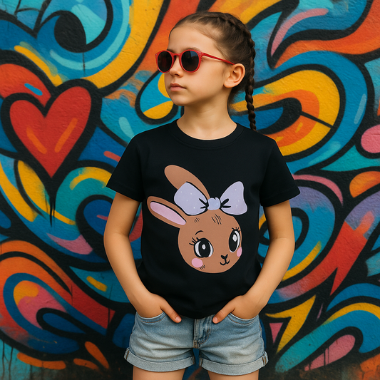 Child wearing a black t-shirt with a cartoon bunny design in front of a colorful mural.