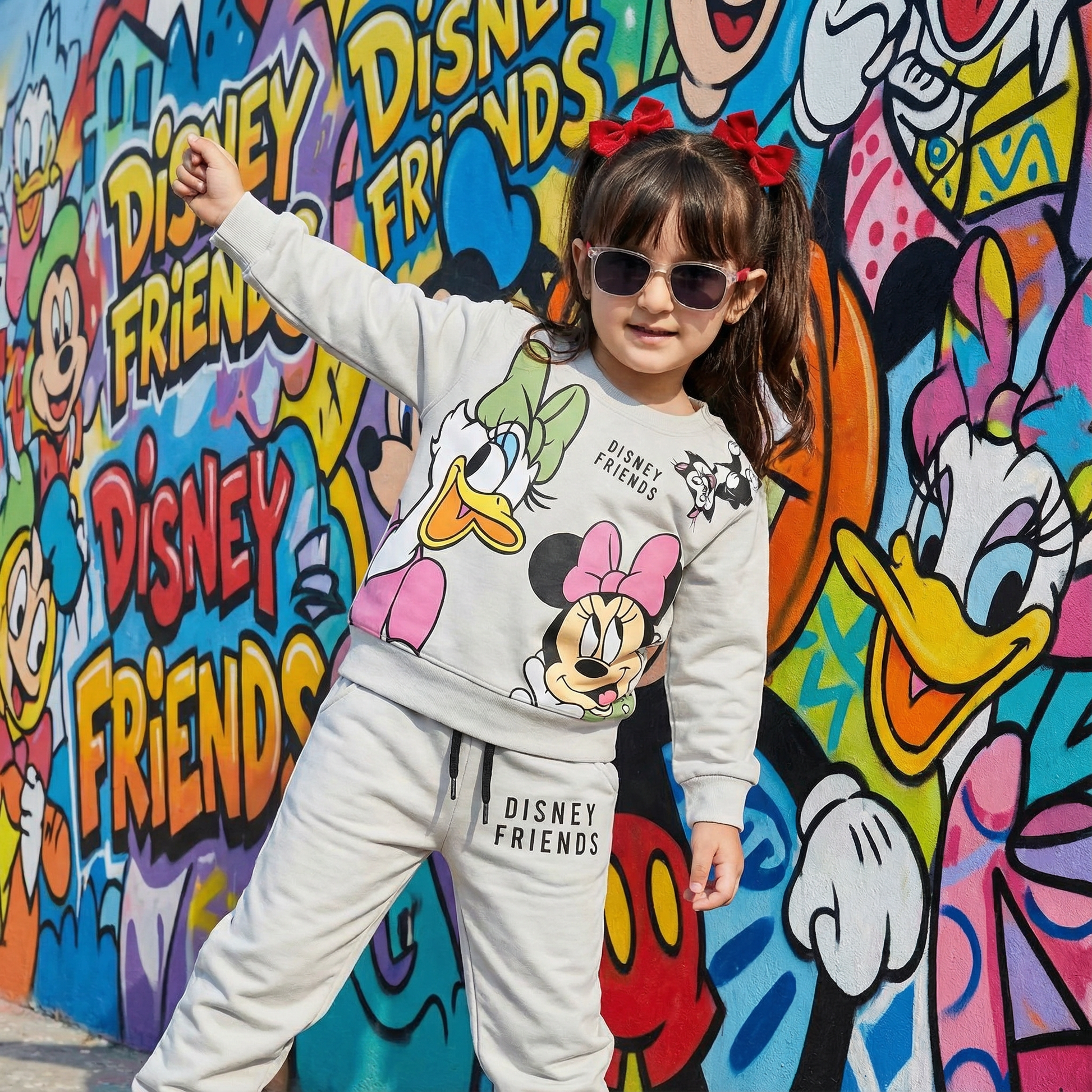Child wearing a Disney-themed outfit in front of a colorful Disney mural.