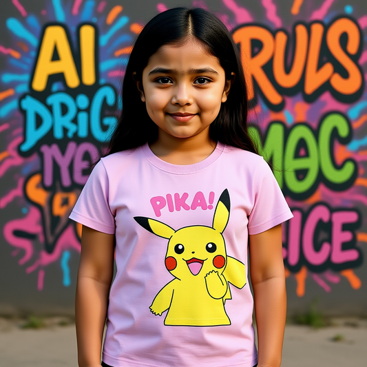 Child wearing a pink t-shirt with Pikachu and 'PIKA!' text, standing in front of colorful graffiti-style text.
