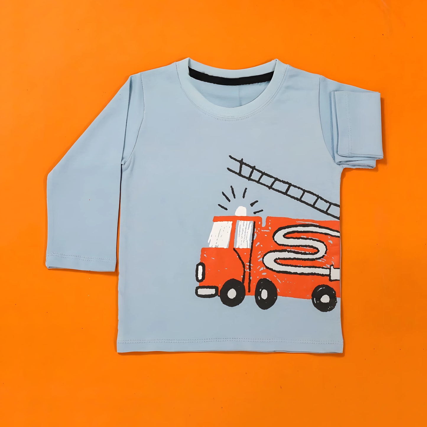 Fire Engine Sky Blue Full-Sleeves Tee – Cotton Graphic Shirt for Boys