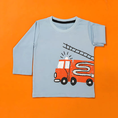 Fire Engine Sky Blue Full-Sleeves Tee – Cotton Graphic Shirt for Boys