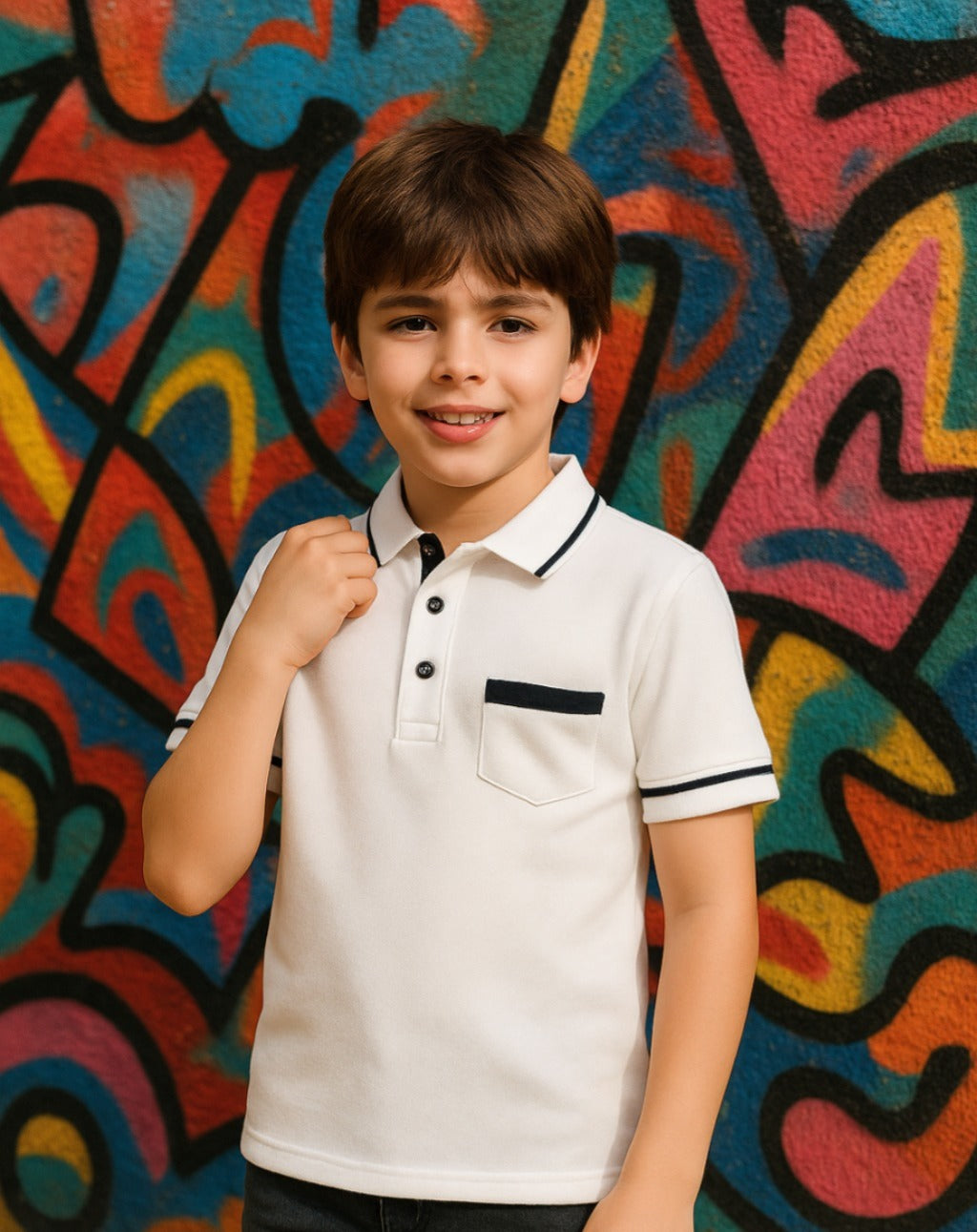 Child wearing a white polo shirt with black trim against a colorful graffiti wall.